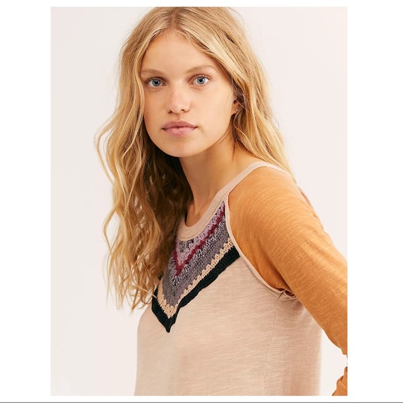 FREE PEOPLE BOHO TEE KNIT PULLOVER CROCHET TOP A2C - Picture 6 of 13
